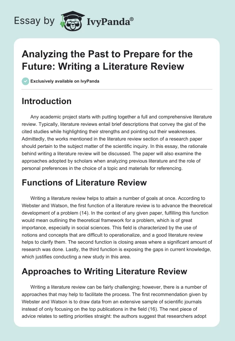 Analyzing the Past to Prepare for the Future: Writing a Literature Review. Page 1