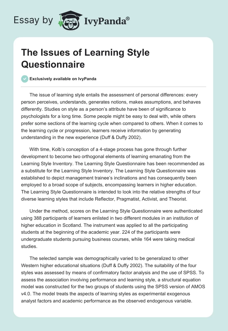 The Issues of Learning Style Questionnaire. Page 1