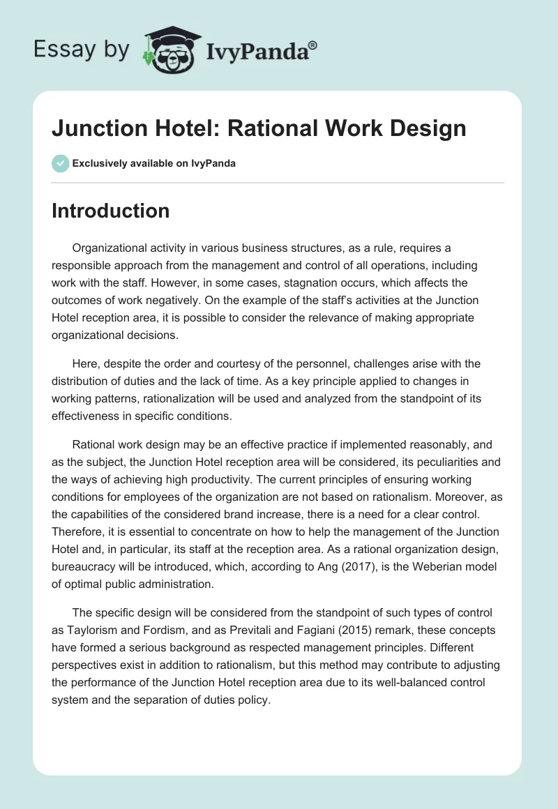 Junction Hotel: Rational Work Design. Page 1