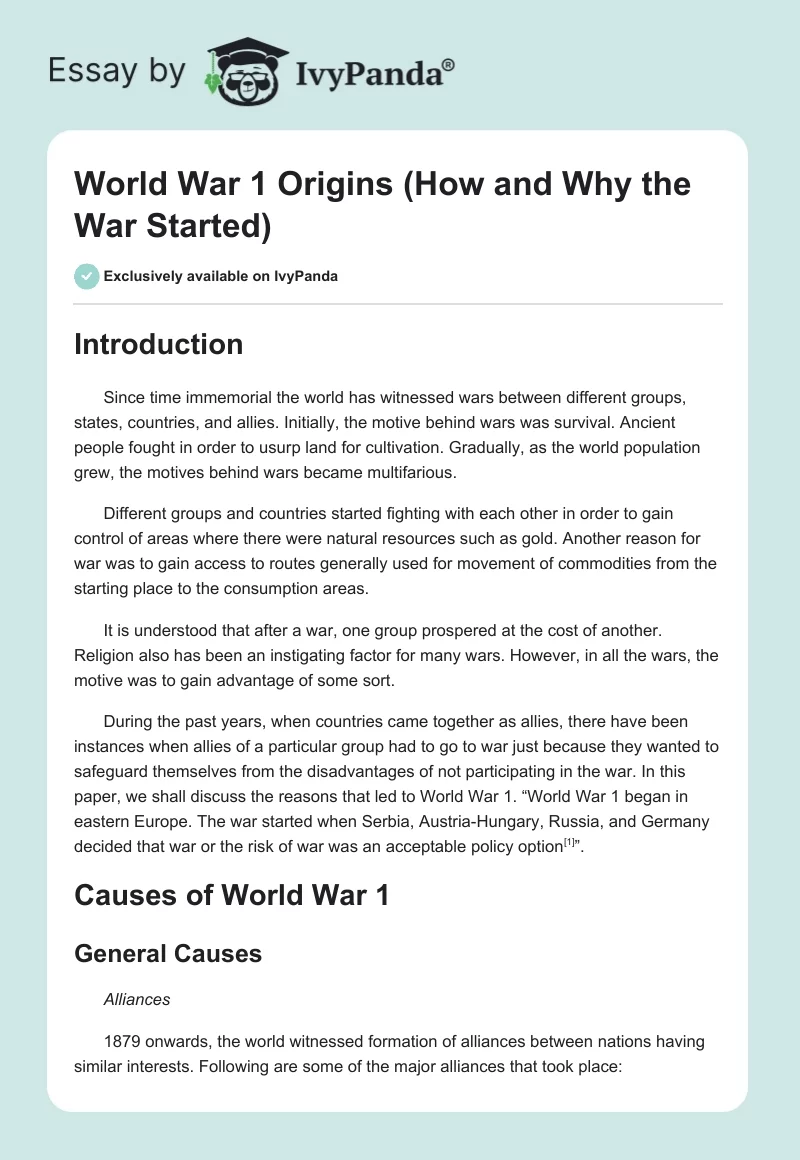 World War 1 Origins (How and Why the War Started). Page 1