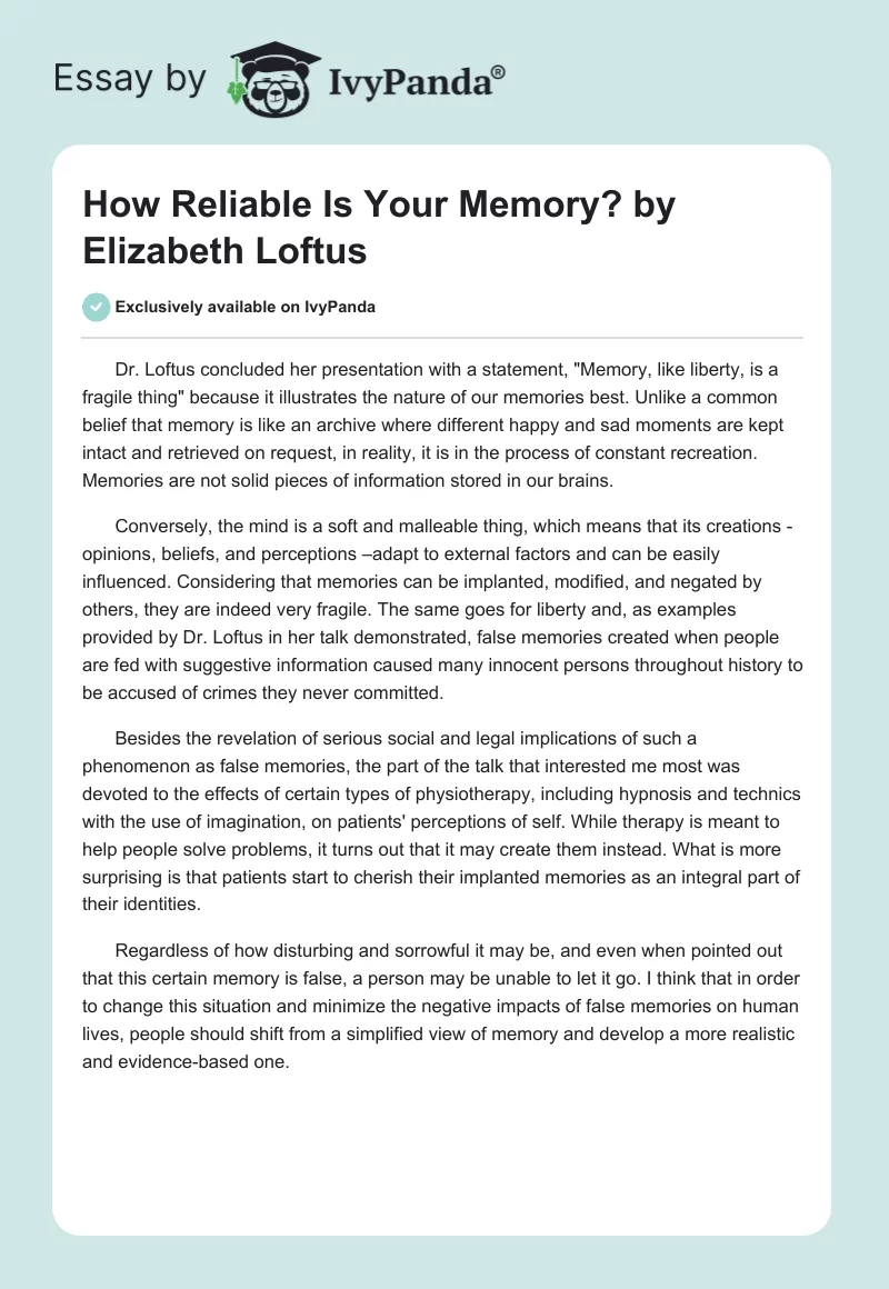 "How Reliable Is Your Memory?" by Elizabeth Loftus. Page 1