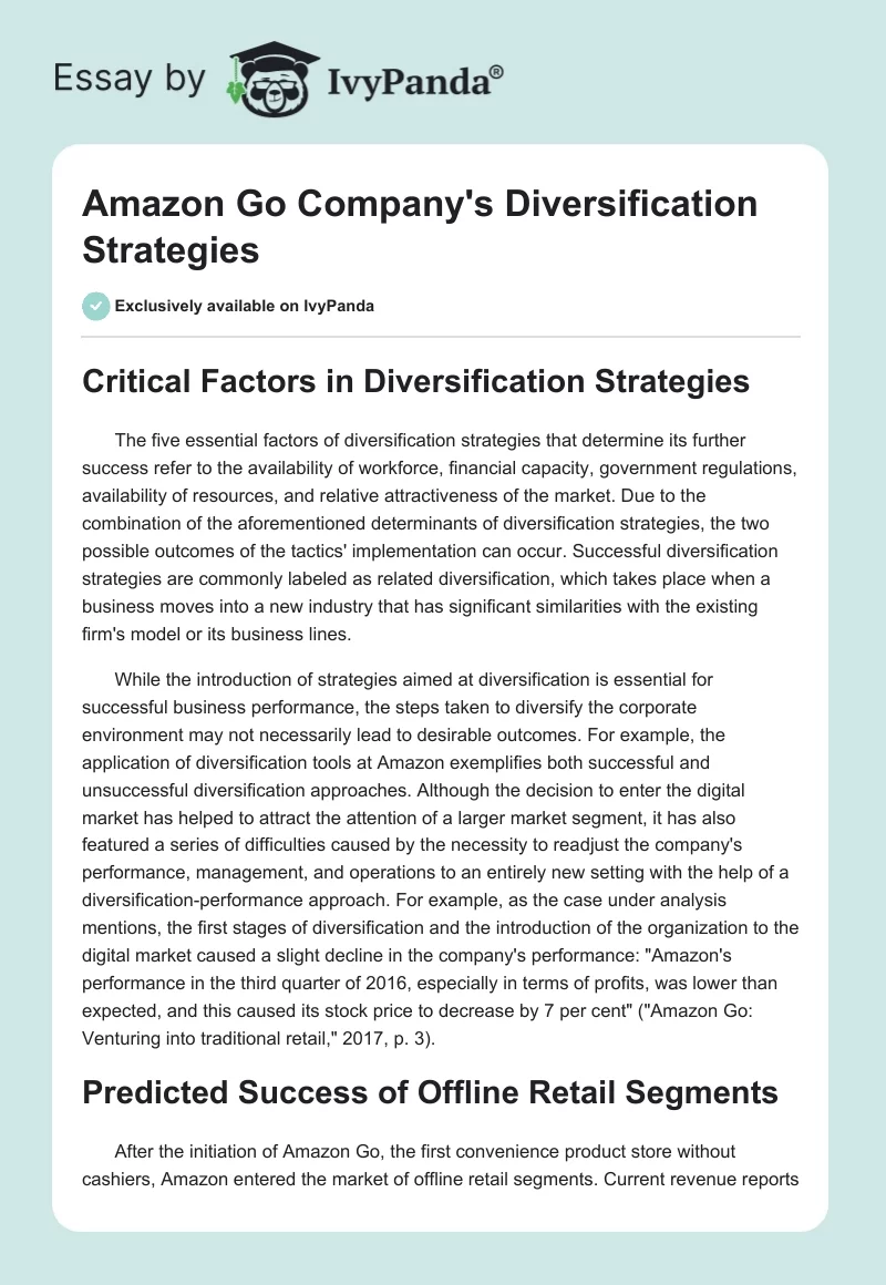 Amazon Go Company's Diversification Strategies. Page 1