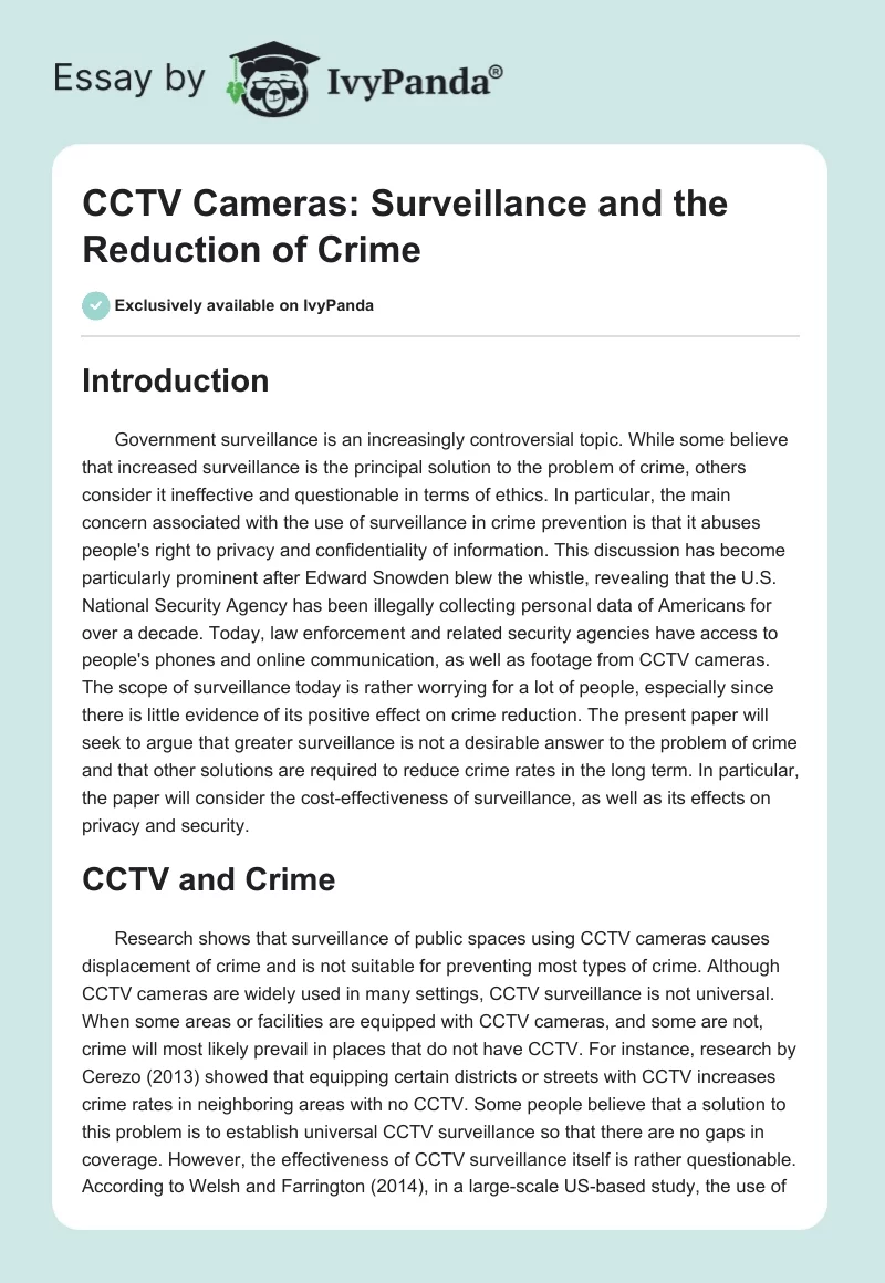 CCTV Cameras: Surveillance and the Reduction of Crime. Page 1
