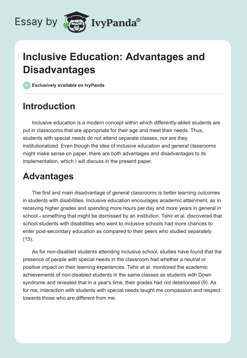 Inclusive Education: Advantages and Disadvantages. Page 1