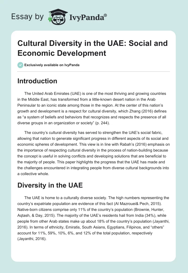 Cultural Diversity in the UAE: Social and Economic Development. Page 1