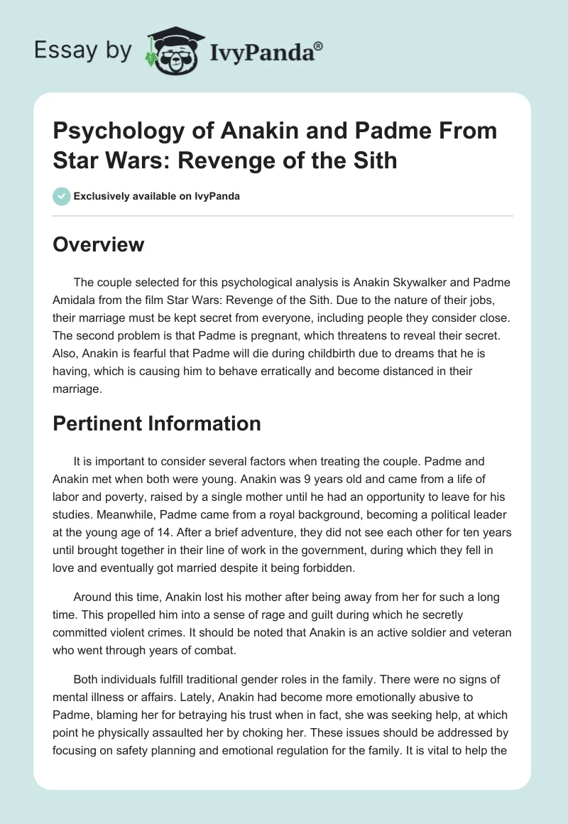 Psychology of Anakin and Padme From "Star Wars: Revenge of the Sith". Page 1
