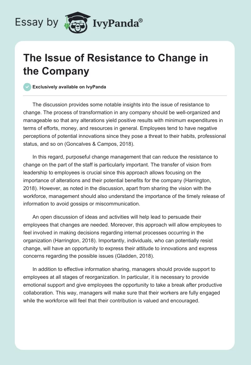 The Issue of Resistance to Change in the Company. Page 1