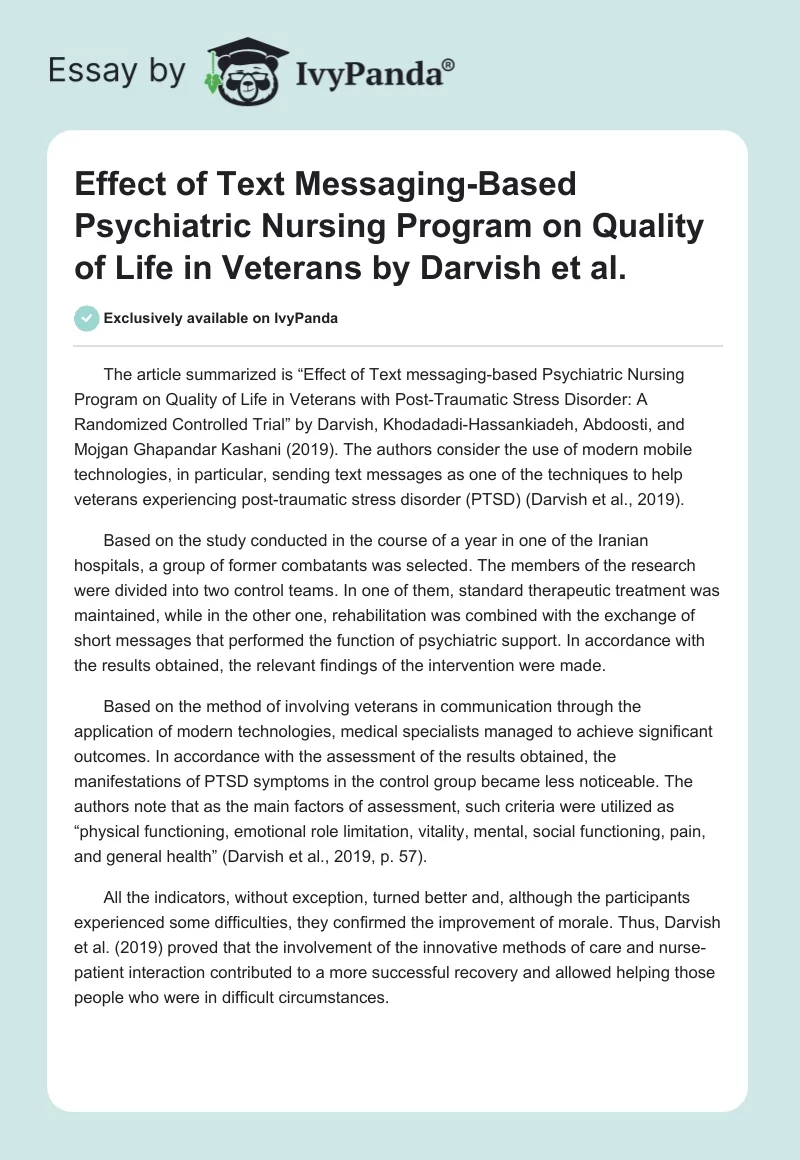 "Effect of Text Messaging-Based Psychiatric Nursing Program on Quality of Life in Veterans" by Darvish et al.. Page 1