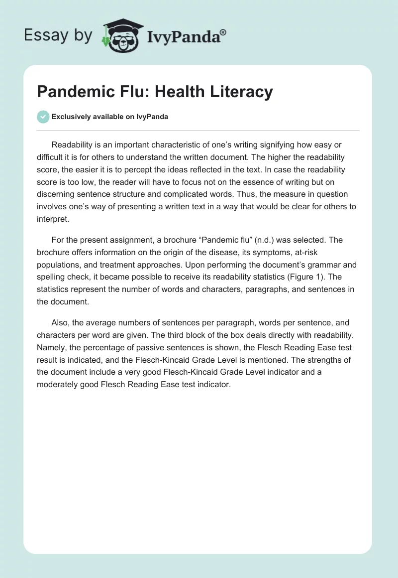 Pandemic Flu: Health Literacy. Page 1
