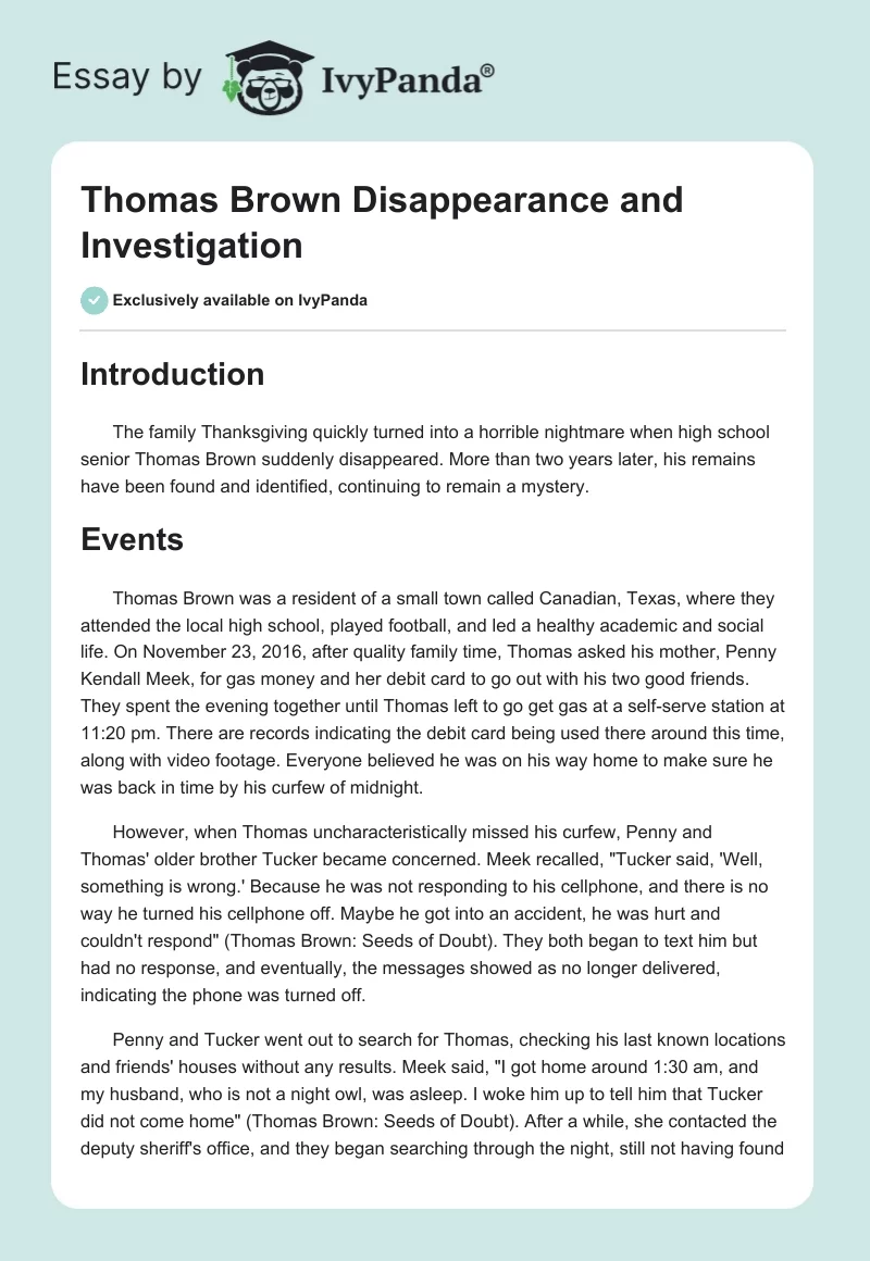 Thomas Brown Disappearance and Investigation. Page 1
