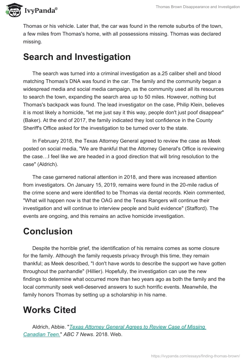 Thomas Brown Disappearance and Investigation. Page 2