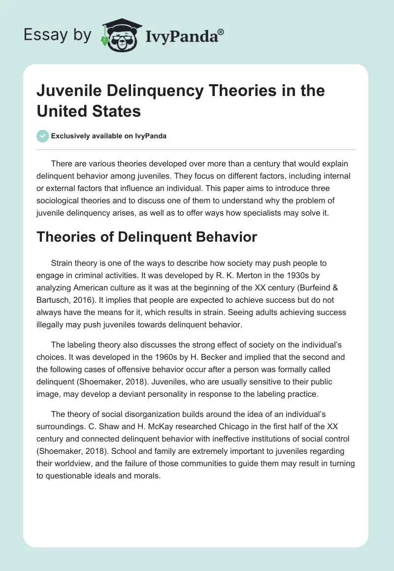 Juvenile Delinquency Theories in the United States. Page 1
