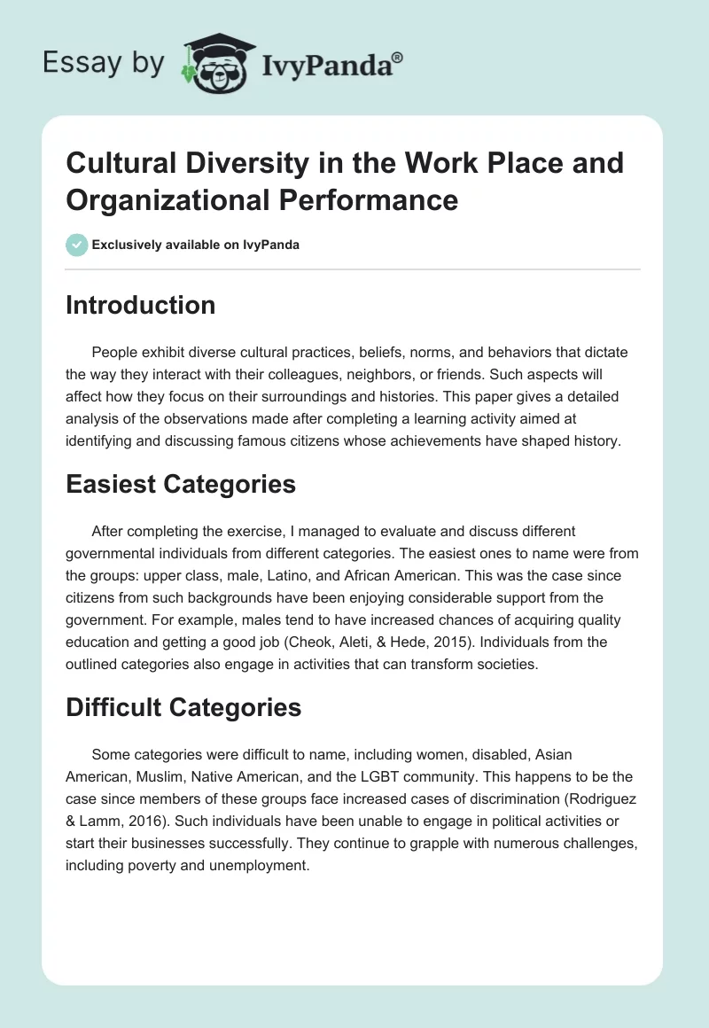 Cultural Diversity in the Work Place and Organizational Performance. Page 1