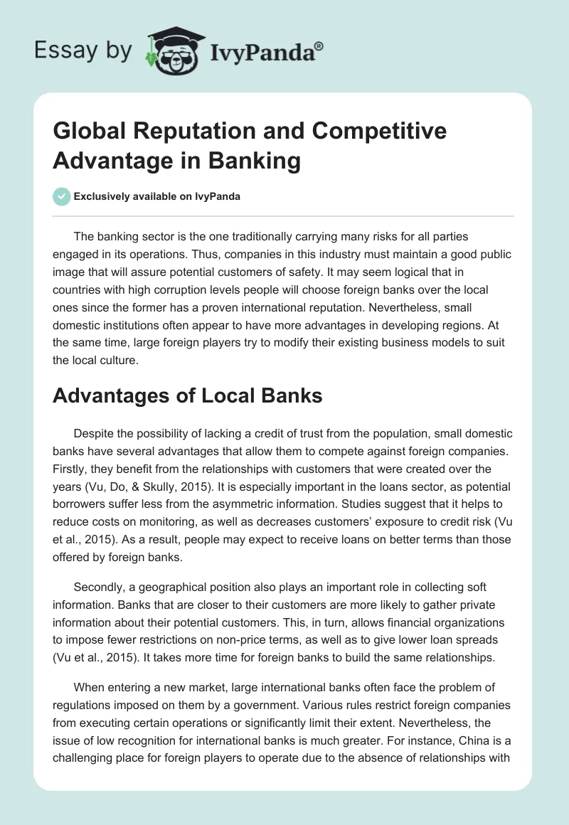 Global Reputation and Competitive Advantage in Banking. Page 1