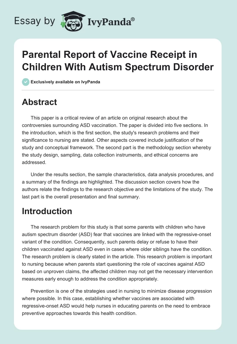 Parental Report of Vaccine Receipt in Children With Autism Spectrum Disorder. Page 1