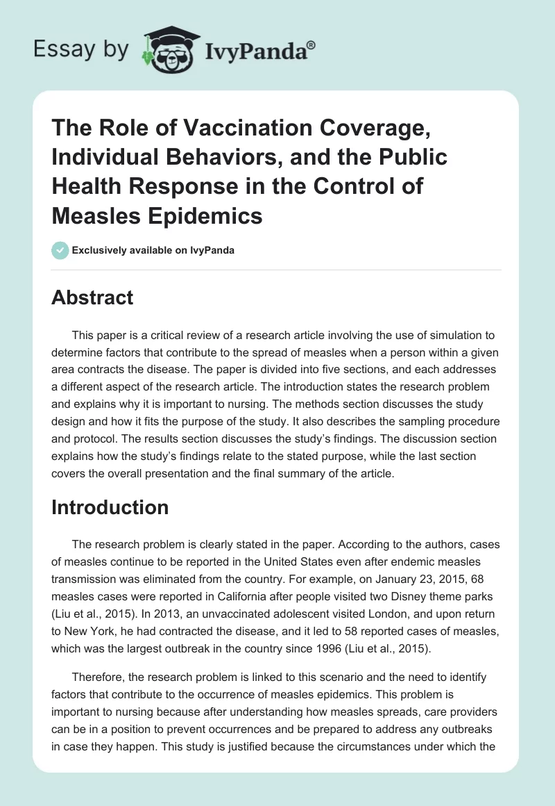 The Role of Vaccination Coverage, Individual Behaviors, and the Public Health Response in the Control of Measles Epidemics. Page 1