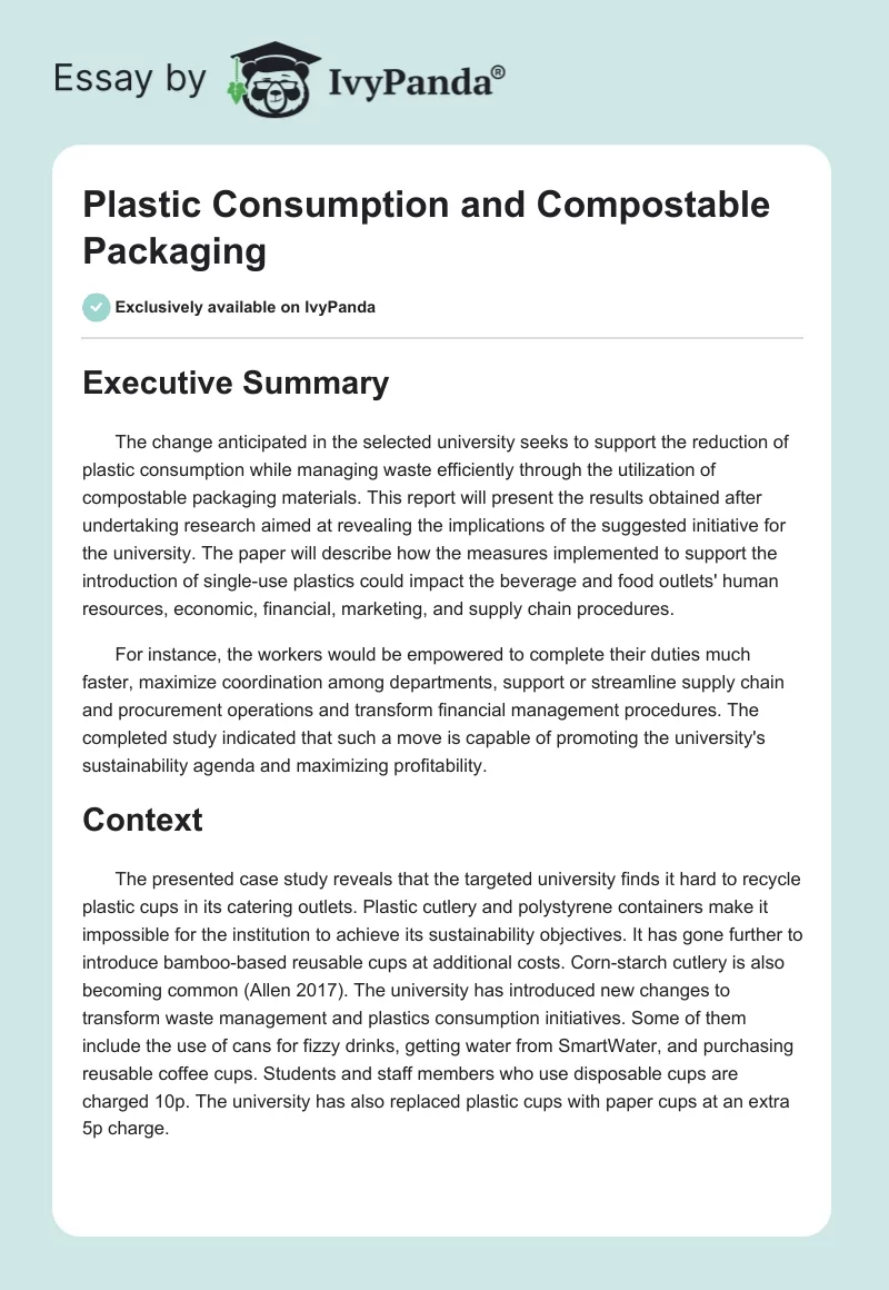 Plastic Consumption and Compostable Packaging. Page 1