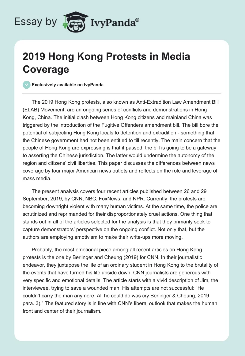 2019 Hong Kong Protests in Media Coverage. Page 1