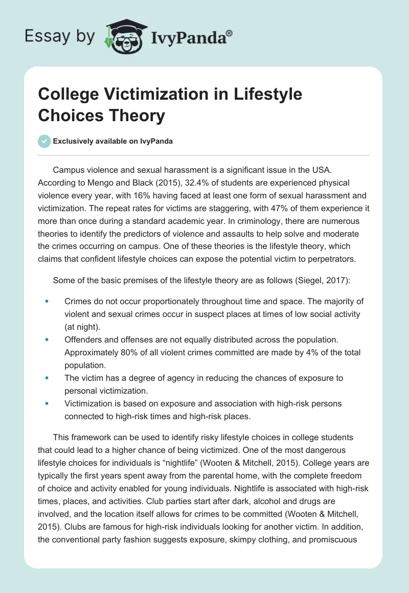 College Victimization in Lifestyle Choices Theory. Page 1