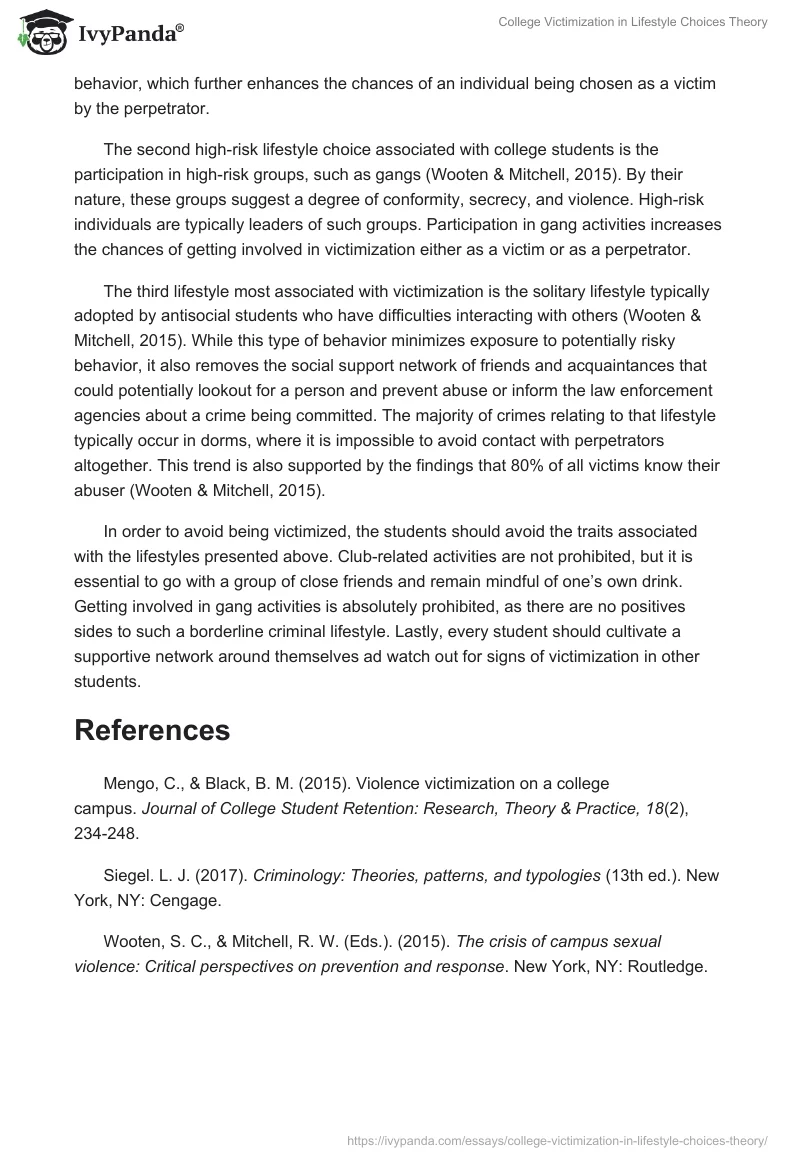 College Victimization in Lifestyle Choices Theory. Page 2