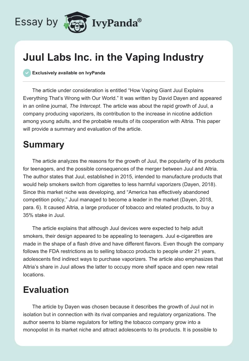 Juul Labs Inc. in the Vaping Industry. Page 1