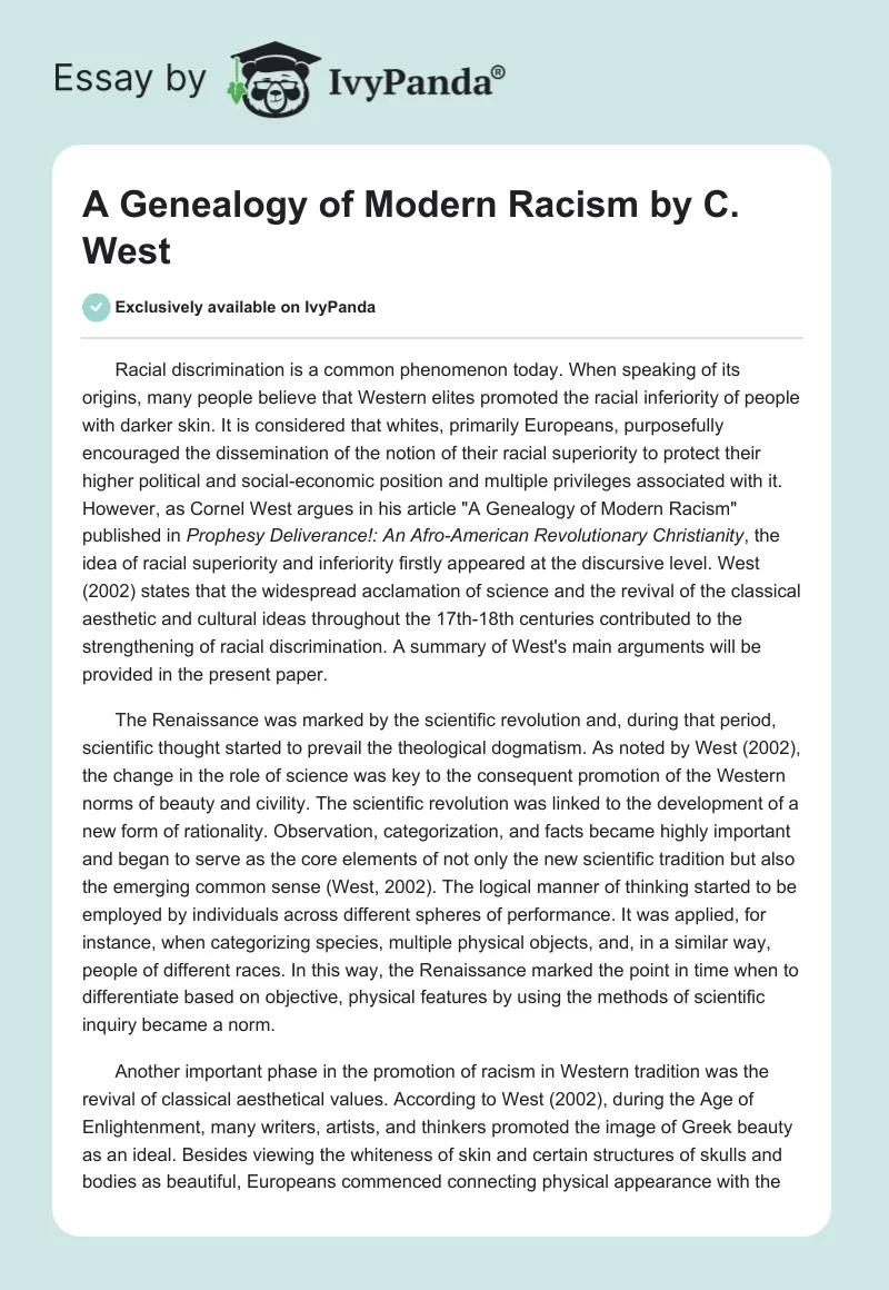 "A Genealogy of Modern Racism" by C. West. Page 1