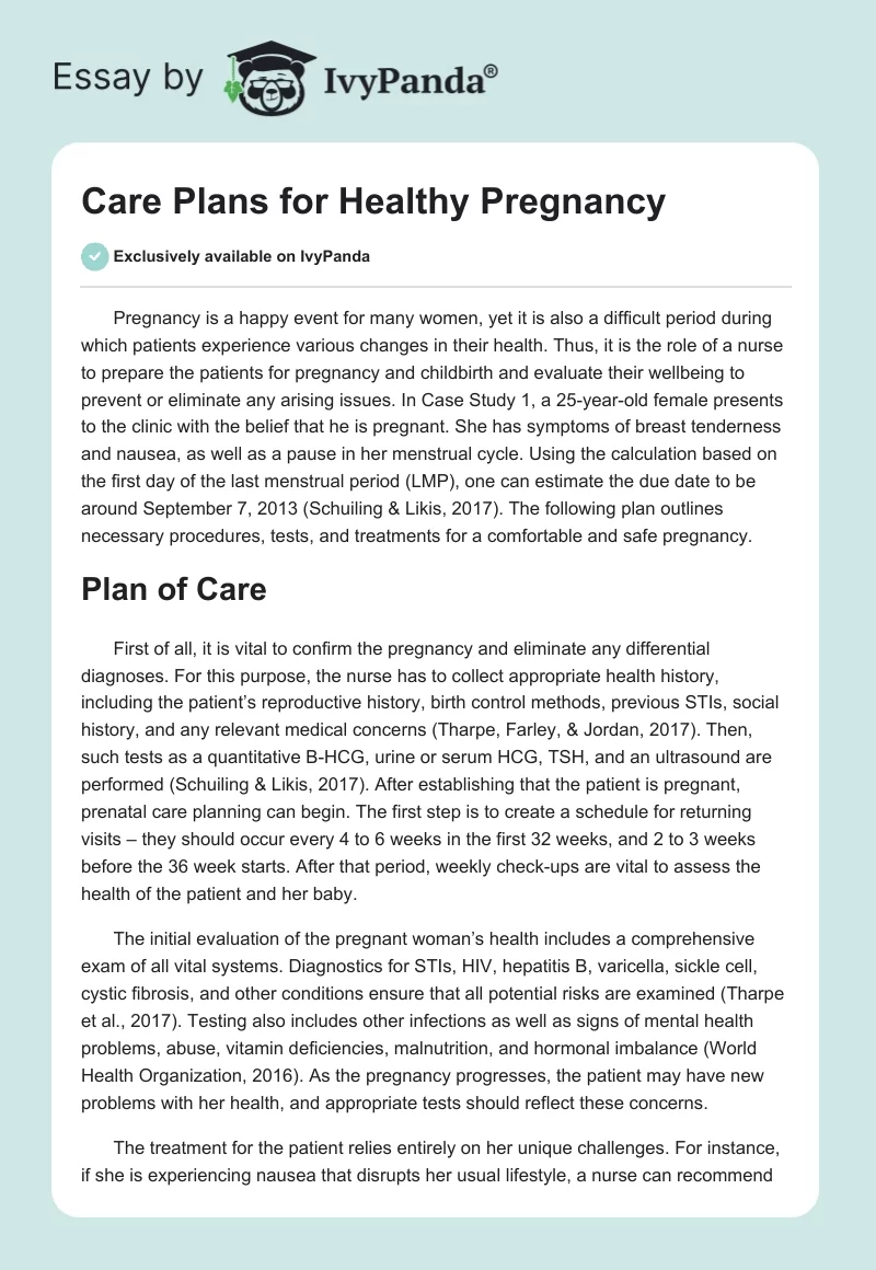Care Plans for Healthy Pregnancy. Page 1