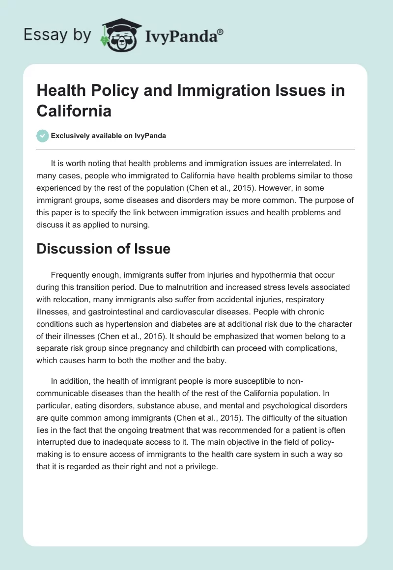 Health Policy and Immigration Issues in California. Page 1