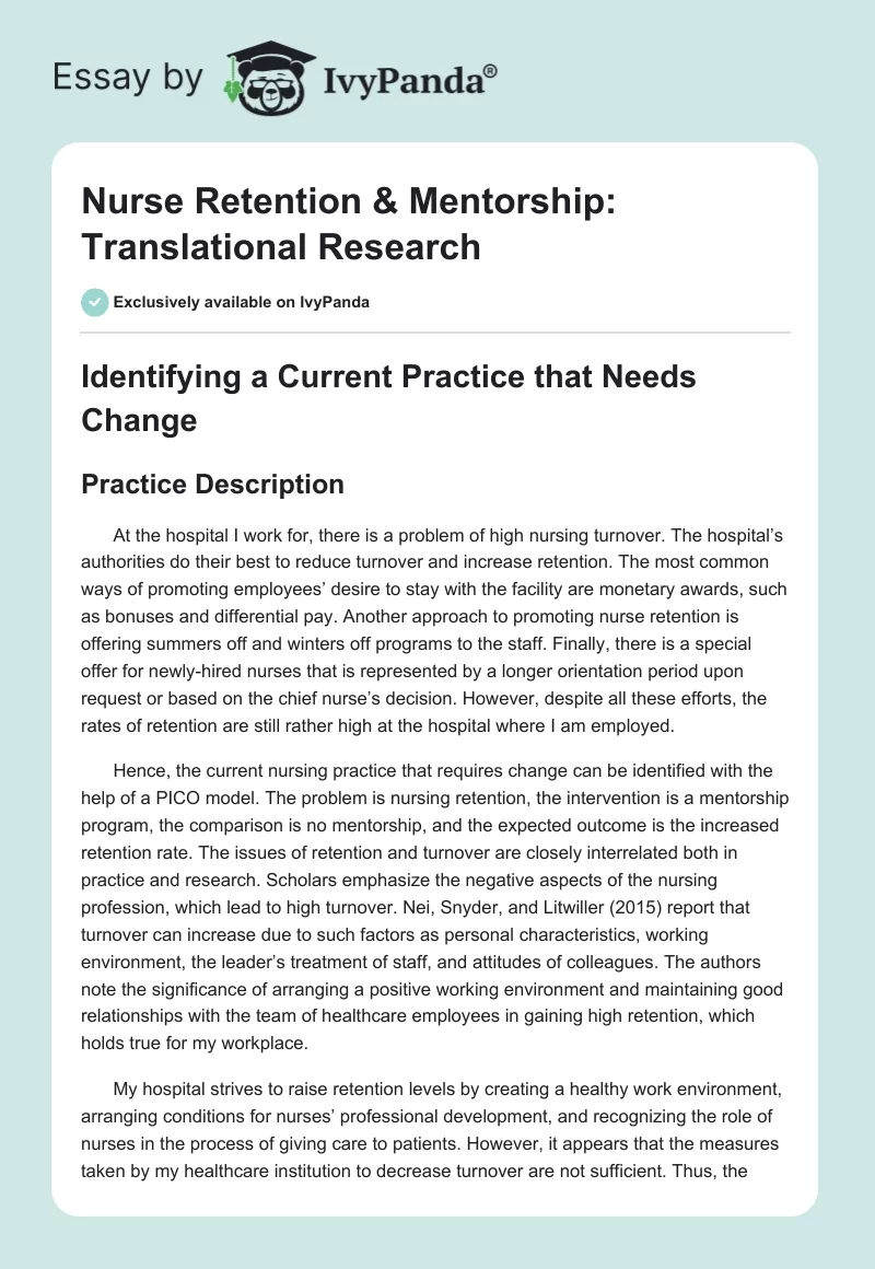 Nurse Retention & Mentorship: Translational Research. Page 1