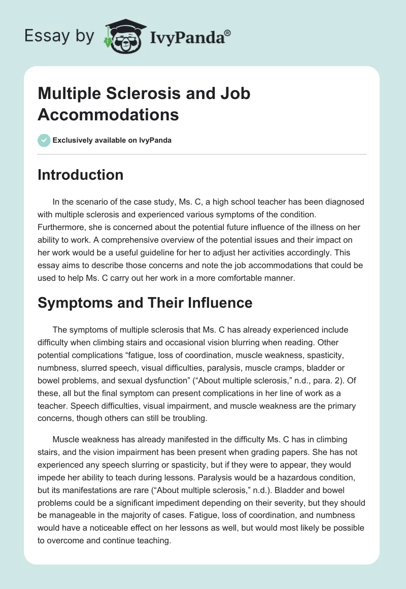 Multiple Sclerosis and Job Accommodations. Page 1