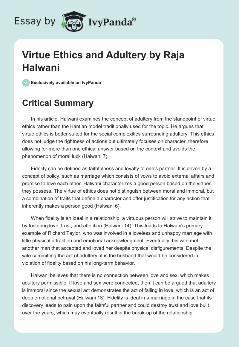 "Virtue Ethics and Adultery" by Raja Halwani. Page 1