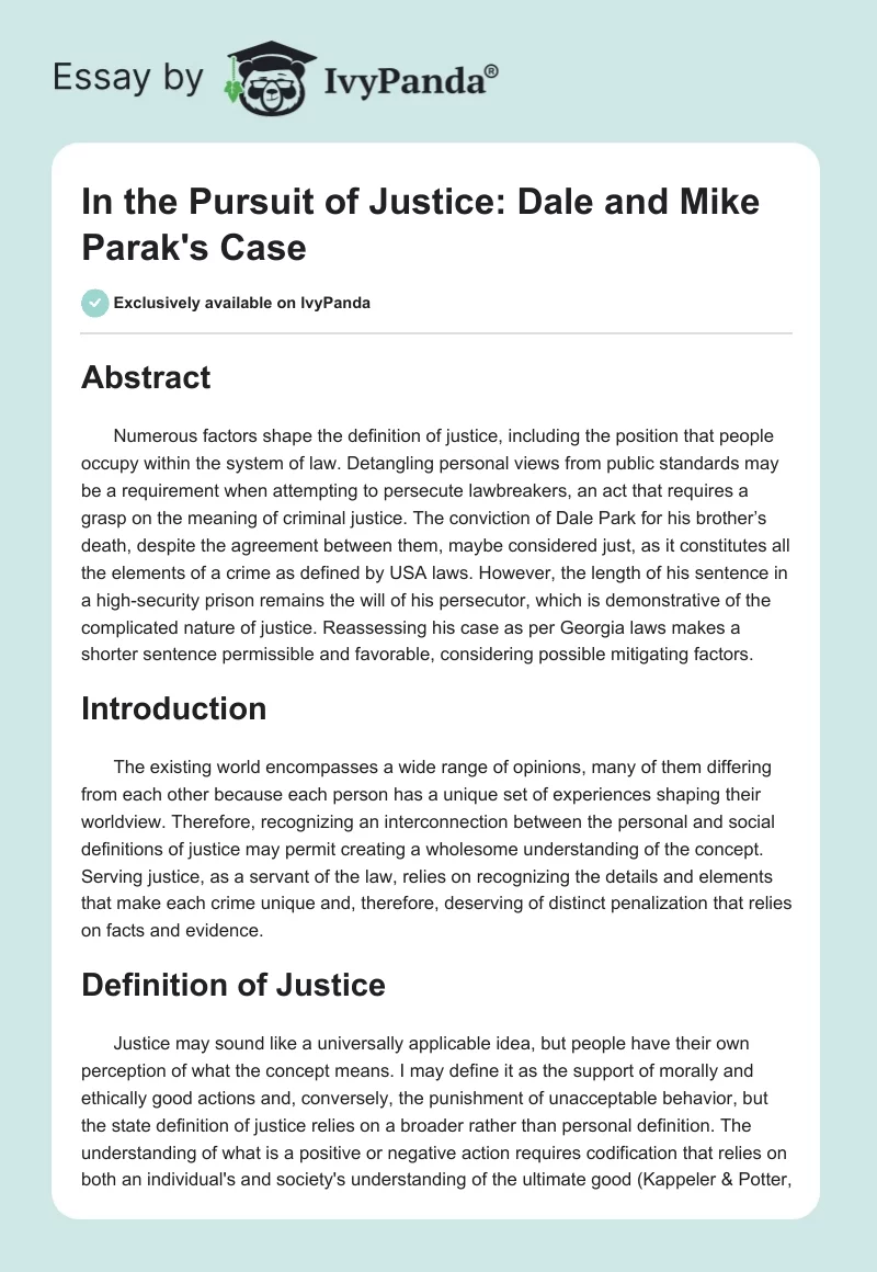In the Pursuit of Justice: Dale and Mike Parak's Case. Page 1
