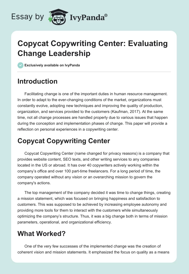 Copycat Copywriting Center: Evaluating Change Leadership. Page 1