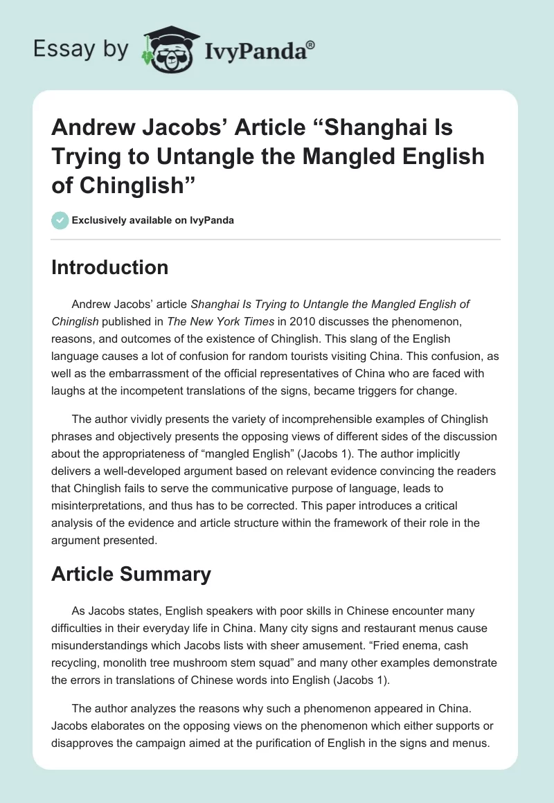 Andrew Jacobs’ Article “Shanghai Is Trying to Untangle the Mangled English of Chinglish”. Page 1