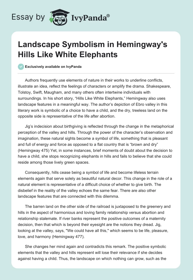 Landscape Symbolism in Hemingway's "Hills Like White Elephants". Page 1