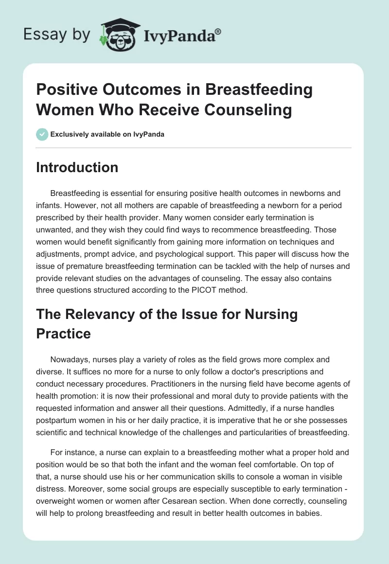 Positive Outcomes in Breastfeeding Women Who Receive Counseling. Page 1