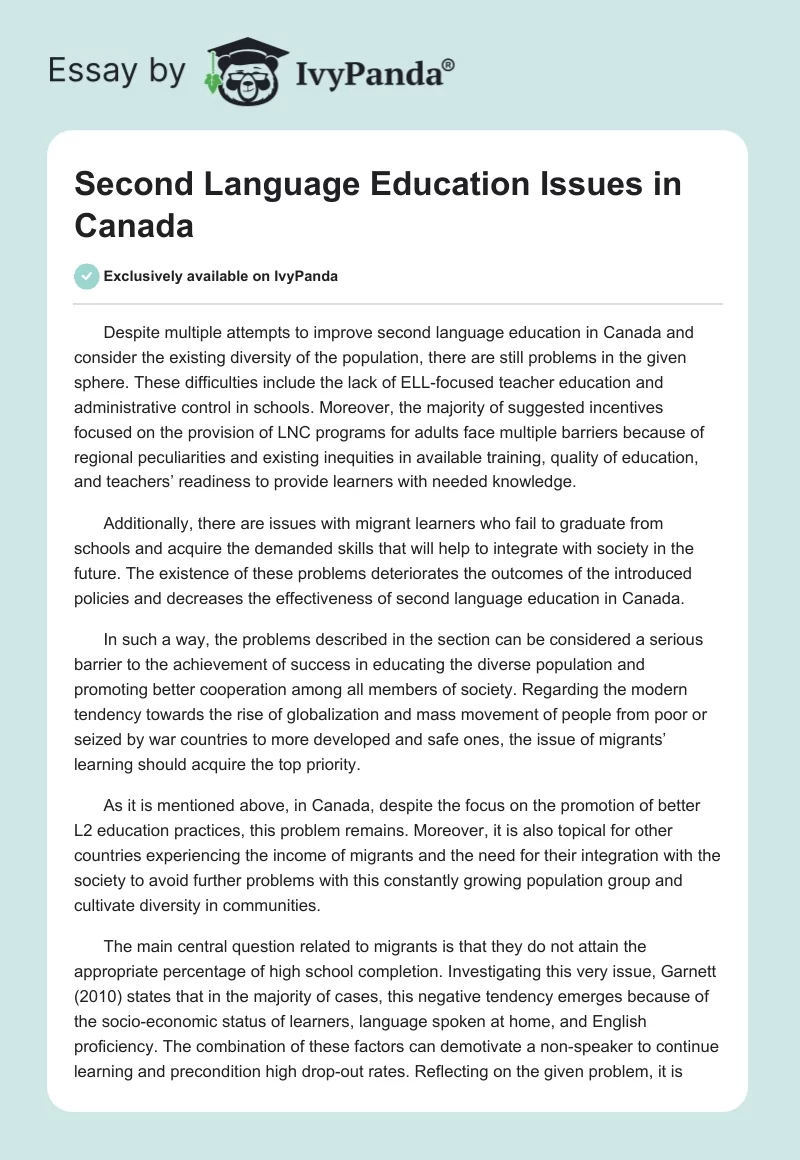 Second Language Education Issues in Canada. Page 1