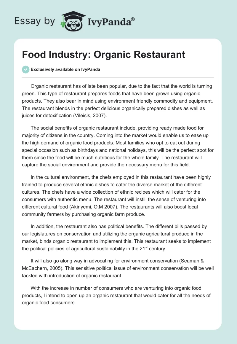 Food Industry: Organic Restaurant. Page 1