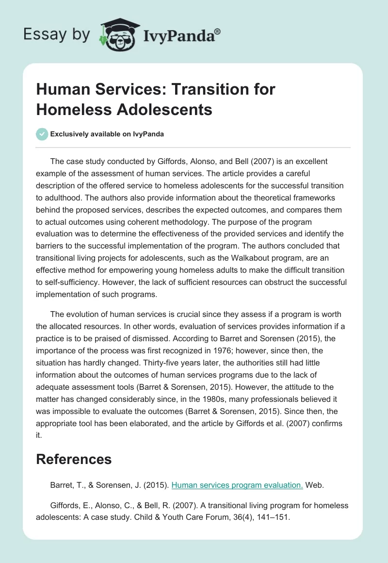 Human Services: Transition for Homeless Adolescents. Page 1