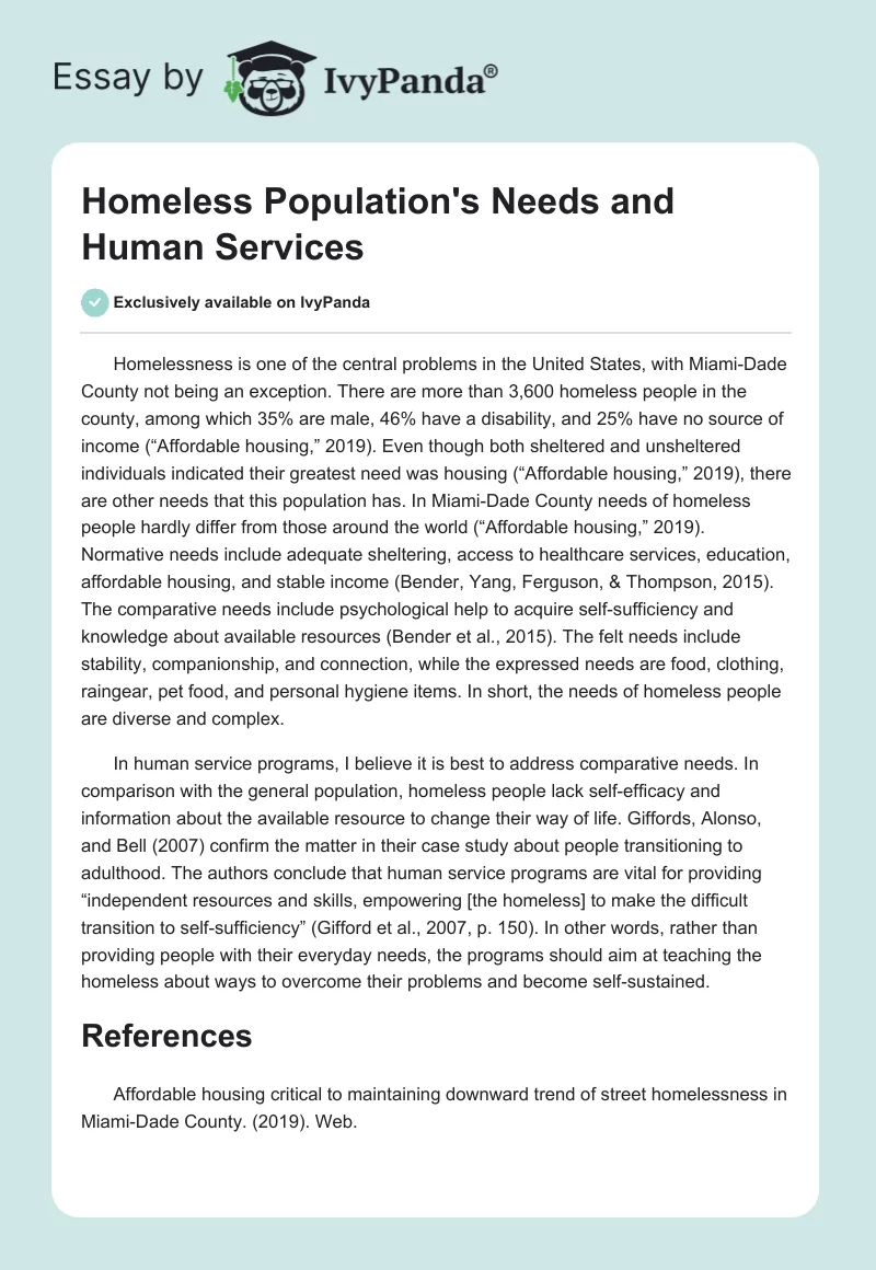Homeless Population's Needs and Human Services. Page 1