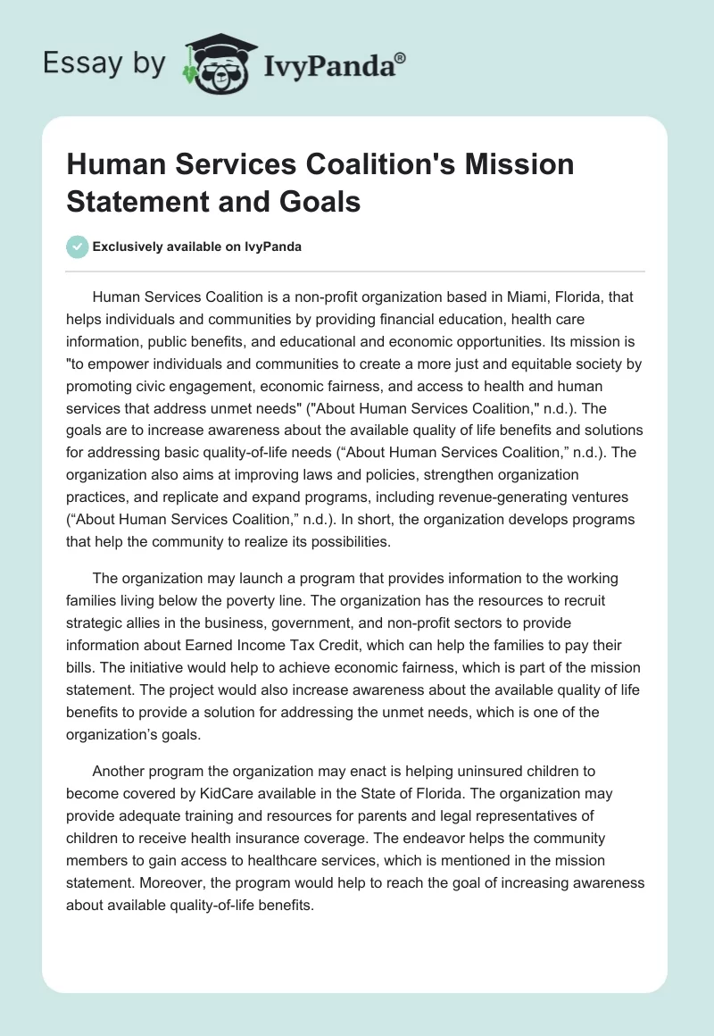 Human Services Coalition's Mission Statement and Goals. Page 1