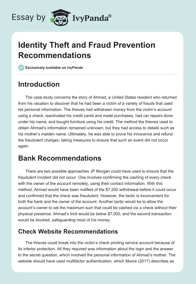 Identity Theft and Fraud Prevention Recommendations. Page 1