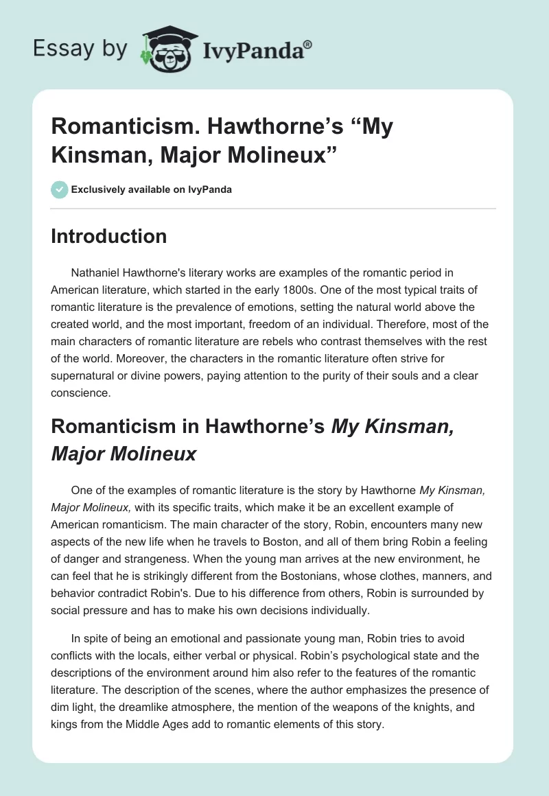 Romanticism. Hawthorne’s “My Kinsman, Major Molineux”. Page 1