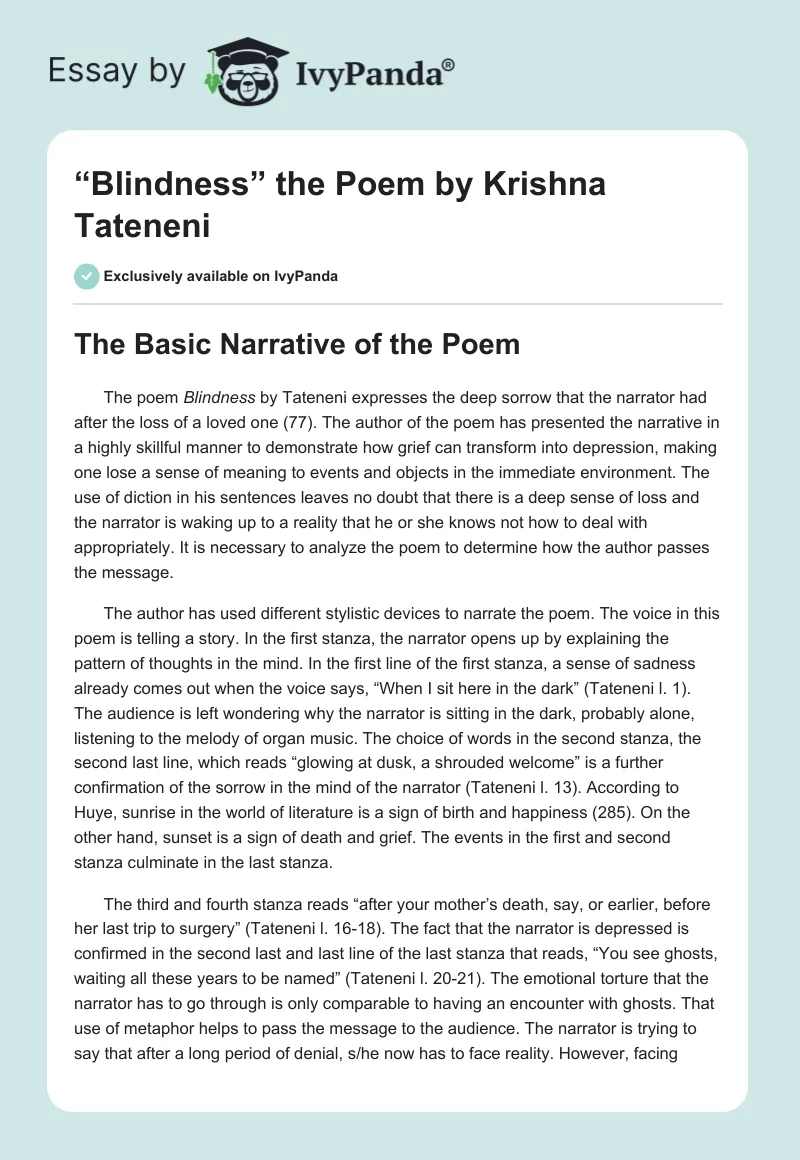“Blindness” the Poem by Krishna Tateneni. Page 1