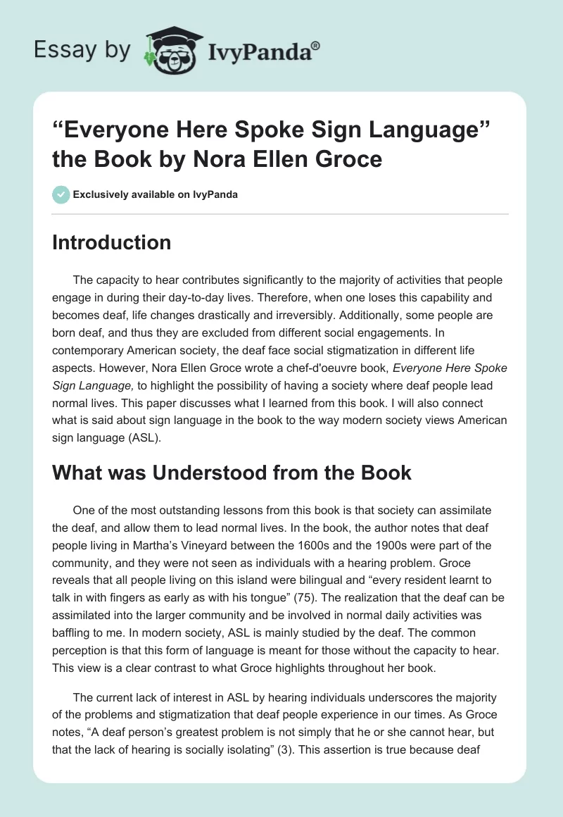 “Everyone Here Spoke Sign Language” the Book by Nora Ellen Groce. Page 1