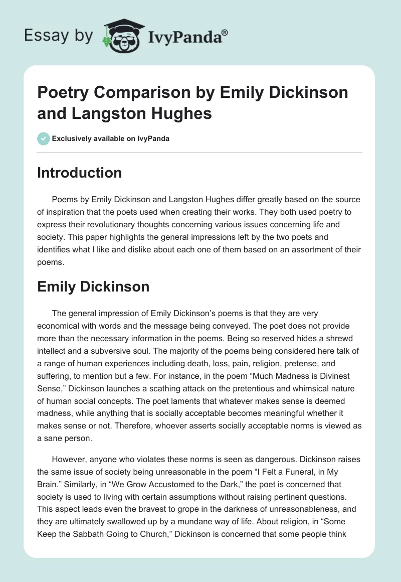 Poetry Comparison by Emily Dickinson and Langston Hughes. Page 1