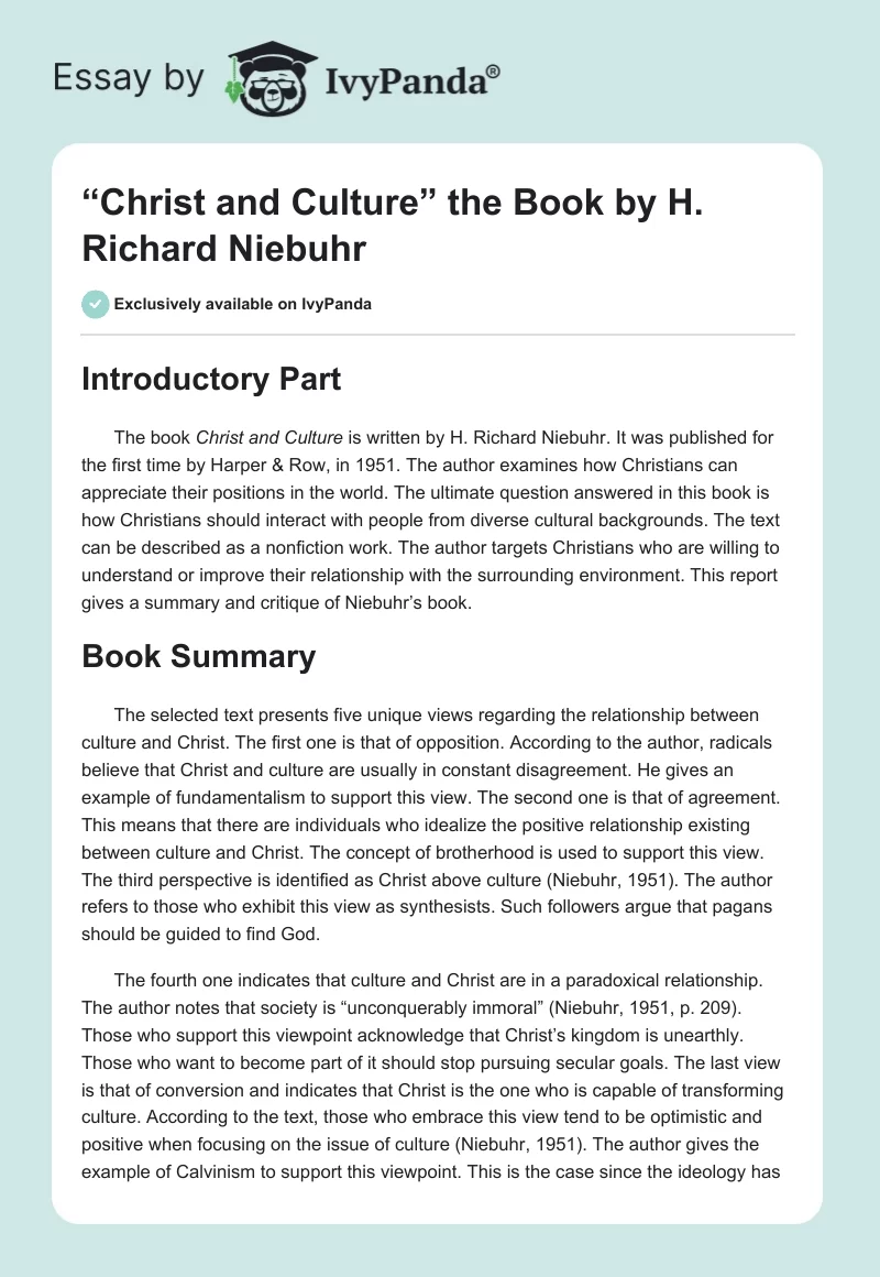 “Christ and Culture” the Book by H. Richard Niebuhr. Page 1