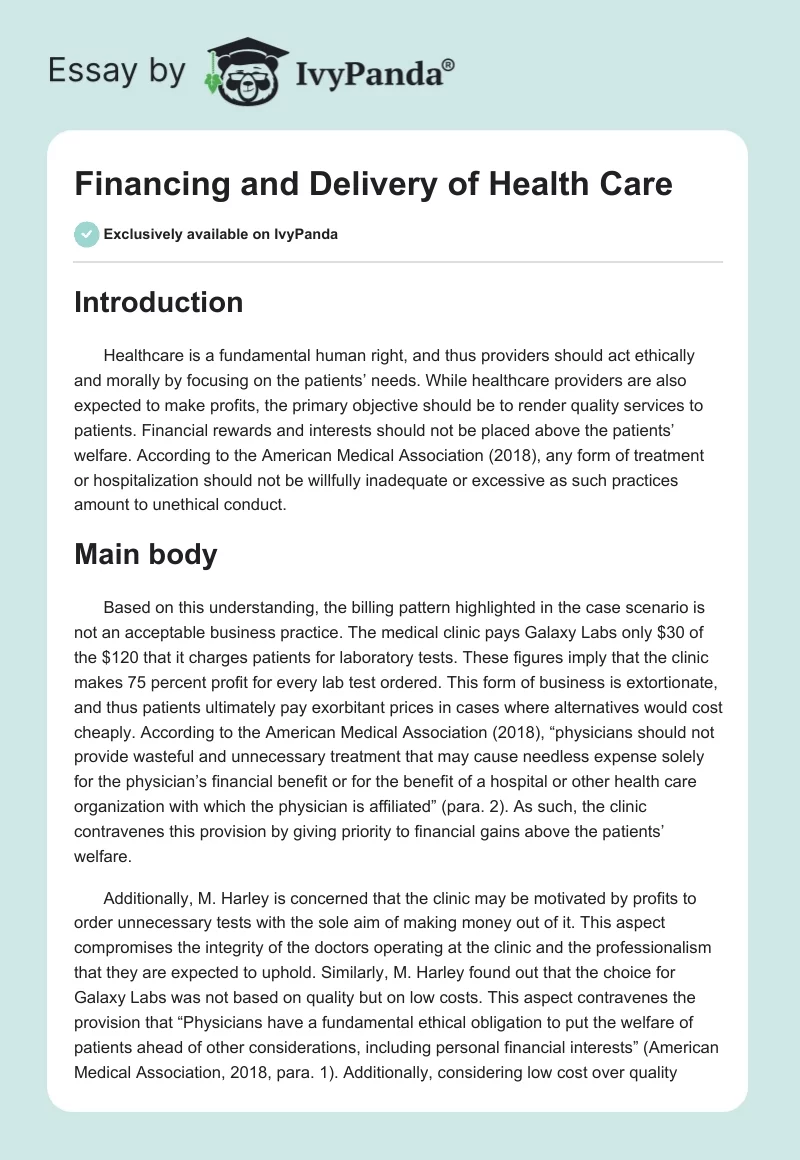Financing and Delivery of Health Care. Page 1