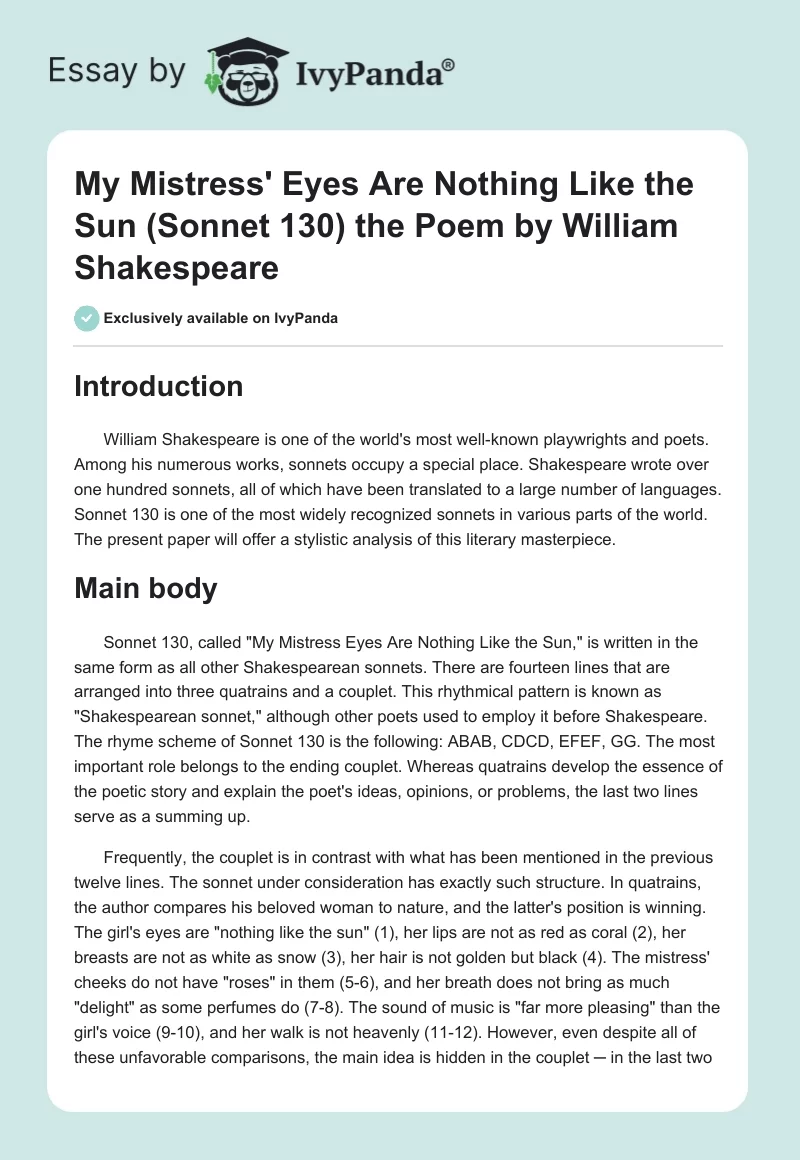 "My Mistress' Eyes Are Nothing Like the Sun (Sonnet 130)" the Poem by William Shakespeare. Page 1