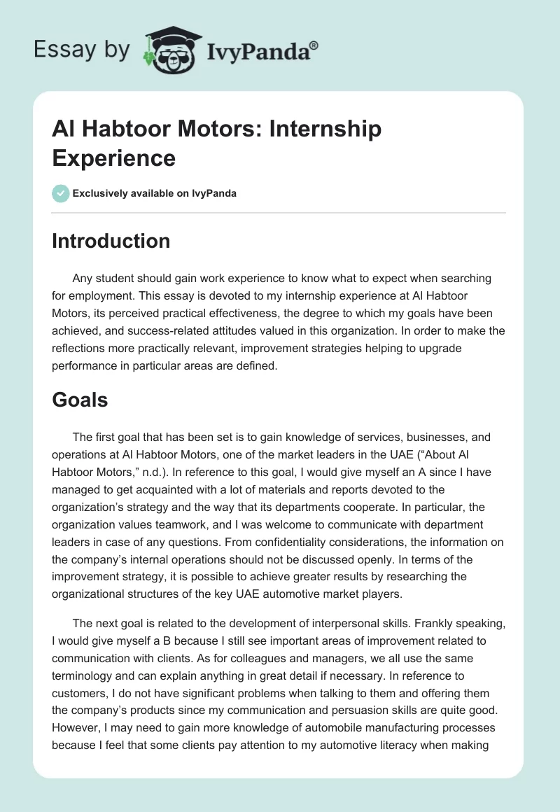 Al Habtoor Motors: Internship Experience. Page 1